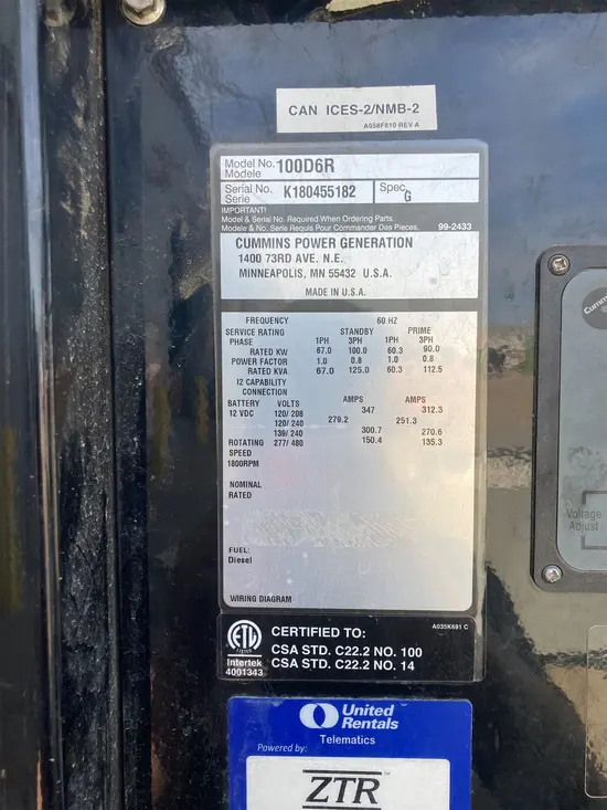 2019 Cummins C100 D6R Diesel Generator