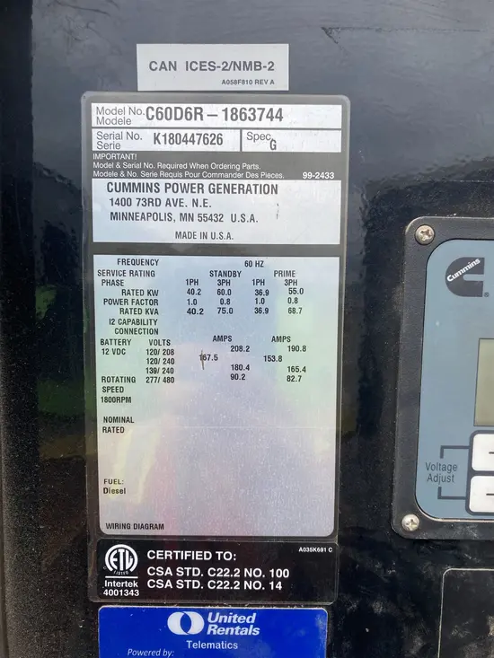 2019 Cummins C60D6RG Diesel Generator