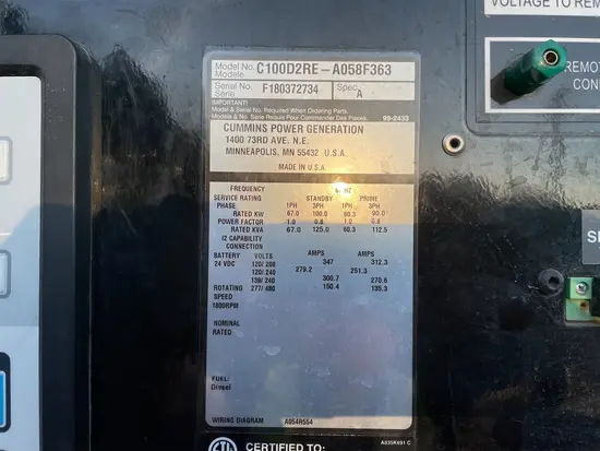 2018 Cummins C100D2RE Diesel Generator