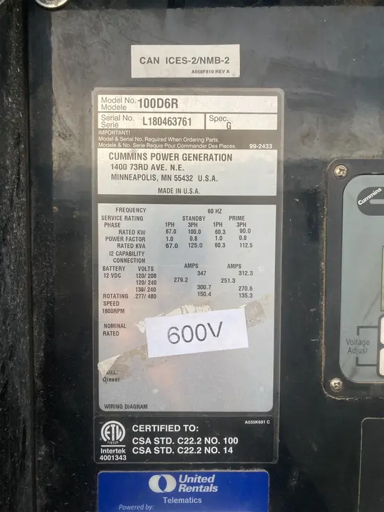 2019 Cummins C100 D6R Diesel Generator