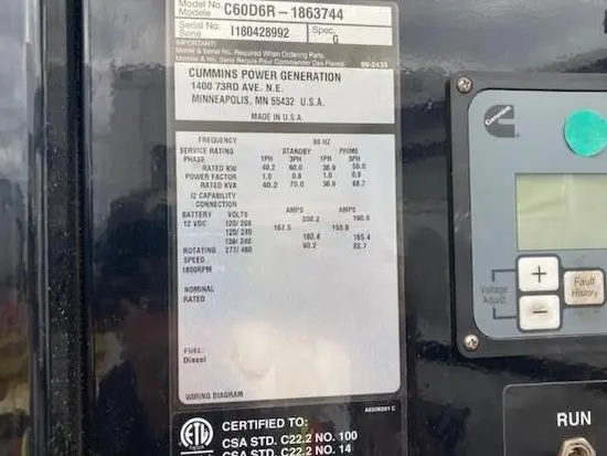 2019 Cummins C60D6RG Diesel Generator