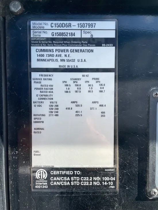 2015 Cummins C150D6RG Diesel Generator