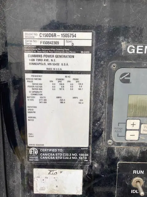 2015 Cummins C150D6RG Diesel Generator