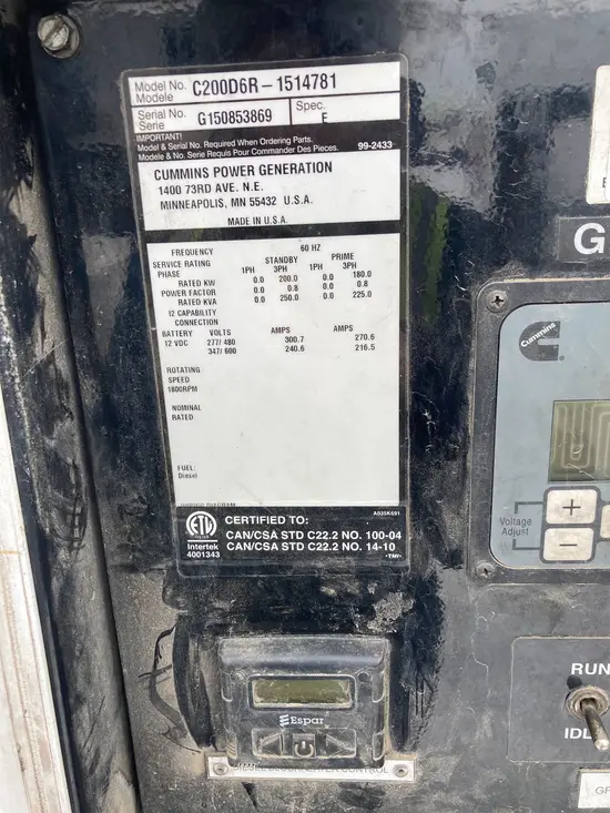 2013 Cummins C200 Diesel Generator