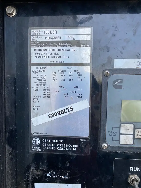 2018 Cummins C100 D6R Diesel Generator