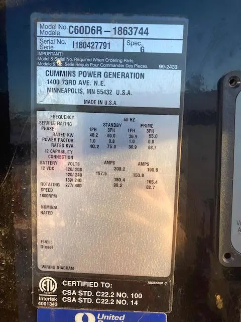 2018 Cummins C60D6R Diesel Generator