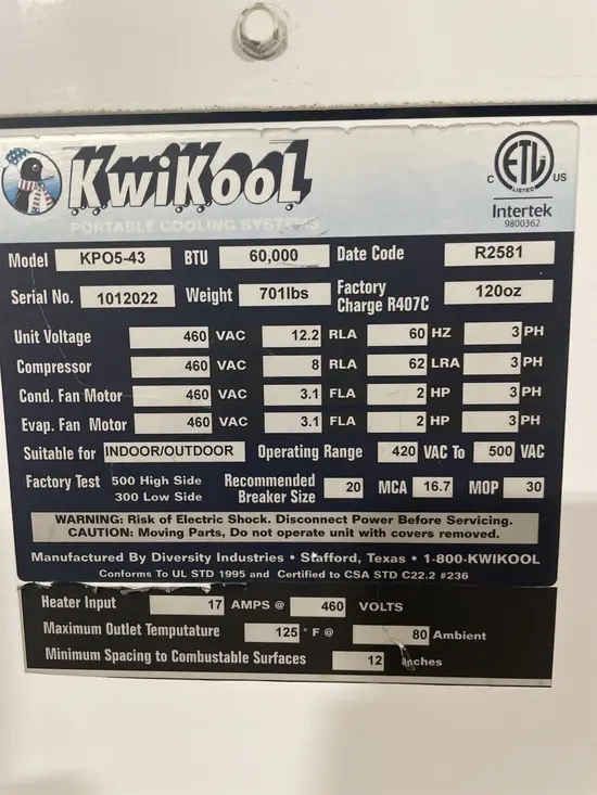 2017 KWIKOOL KPO5-43H Portable Air Conditioner