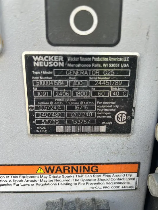 2018 Wacker Neuson G25 T4F Diesel Generator