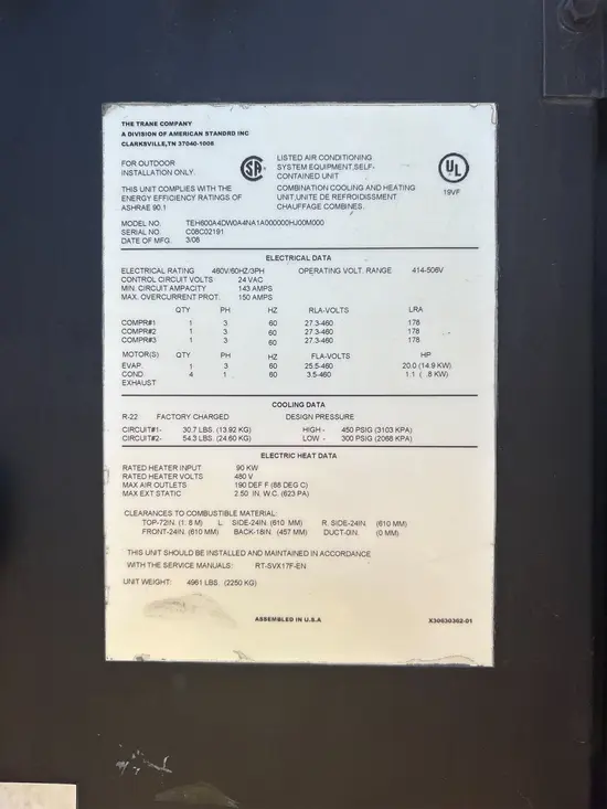 2008 TRANE TEH600A4DU0A4NA