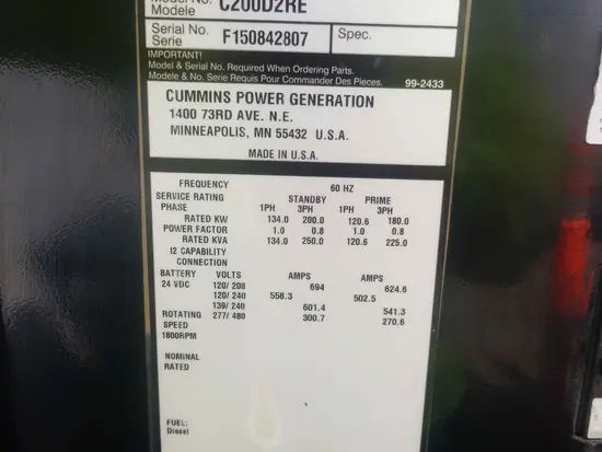 2015 Cummins C200D2RE Diesel Generator