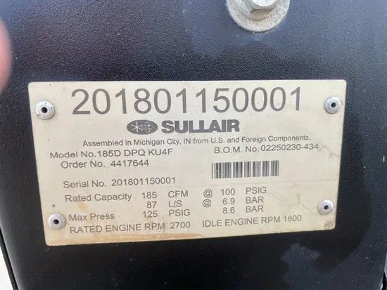 2018 Sullair 185DPQ-KU-T3 Air Compressor