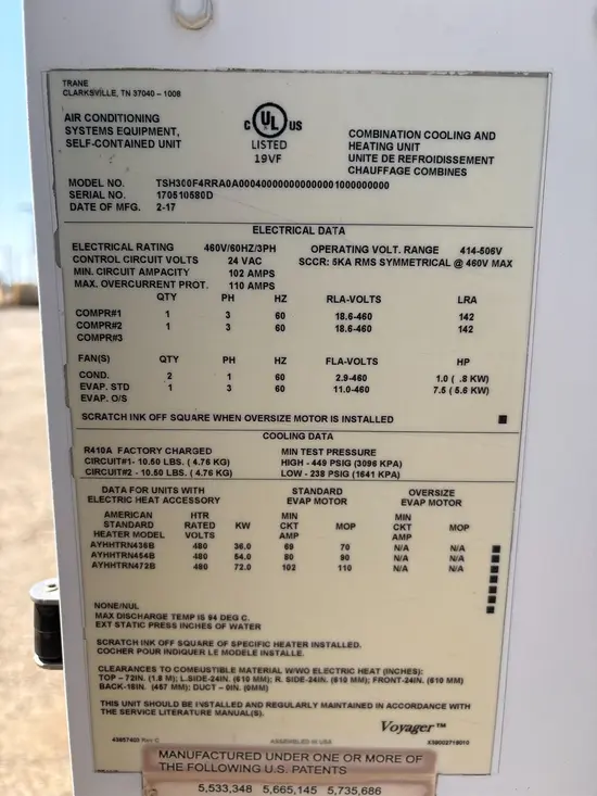 2017 TRANE 25T-480V-DH-TCH