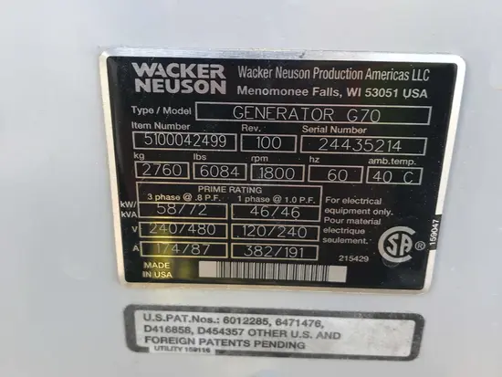 2018 Wacker Neuson G70 T4F Diesel Generator