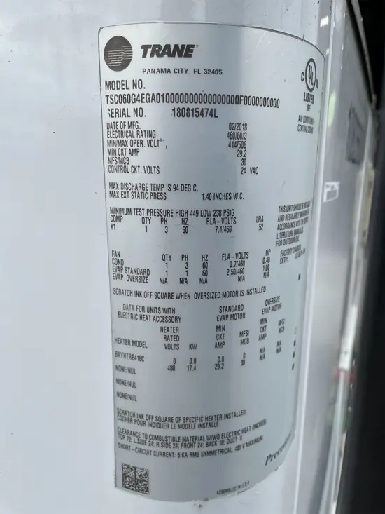 2018 TRANE 5T-480V-WSC060E