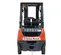 An orange and gray Toyota forklift with a propane tank on the back and "United Rentals" branding, displayed from a direct rear view on a white background.