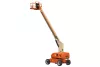 Rear angled view of an orange and beige telescopic boom lift with extended arm and basket.