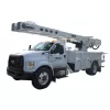 Front angled view of a white bucket truck with a retracted extendable boom and a United Rentals Logo on the driver door.