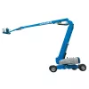 Side view of blue Genie articulating boom lift with extended arm and basket.