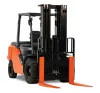 Front angled view of an orange and black warehouse forklift with extended forks and an open cabin. 