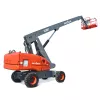 Side angled view of orange and gray Skyjack boom lift with extended arm and basket.