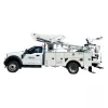 Side view of a white United Rentals bucket truck with retracted boom and bucket.