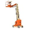 Side view of orange and beige JLG electric vertical mast lift with safety guardrails and compact base.
