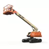Side angled view of an orange and beige JLG Lift boom lift with extended arm and basket.