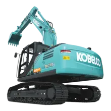 Excavator with extended arm at a construction site, poised for digging and earthmoving operations.
