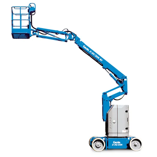 Side view of a blue Genie articulating boom lift with basket elevated.