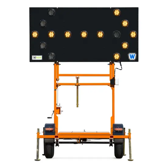Orange and black Wanco solar powered arrow board